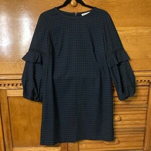 LOFT Plaid Ruffle Puff Sleeve Shift Dress Ladder Lace Dark Academia 6 NEW Preppy